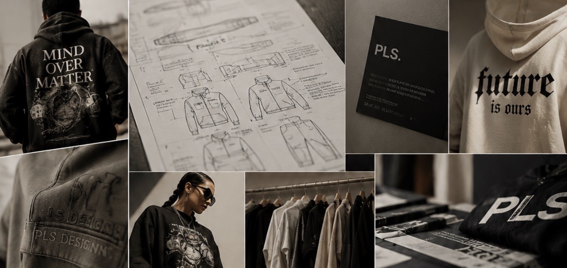 PLS Designs studio moodboard — apparel mockups, sketches, and brand visuals